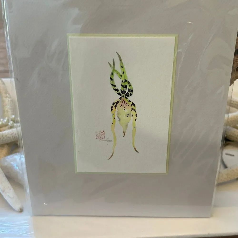 Carol Jean Green signed watercolor botanical artwork matted 8x10
